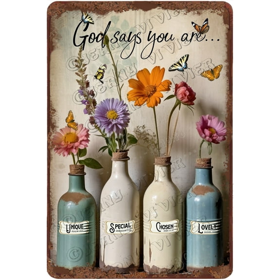 Vintage Aluminum Sign Farmhouse Bathroom Flower Wall Art God Says You Are Retro Metal Sign Christian Quotes Wall Decor for Bedroom Living Room Office 12"x8"
