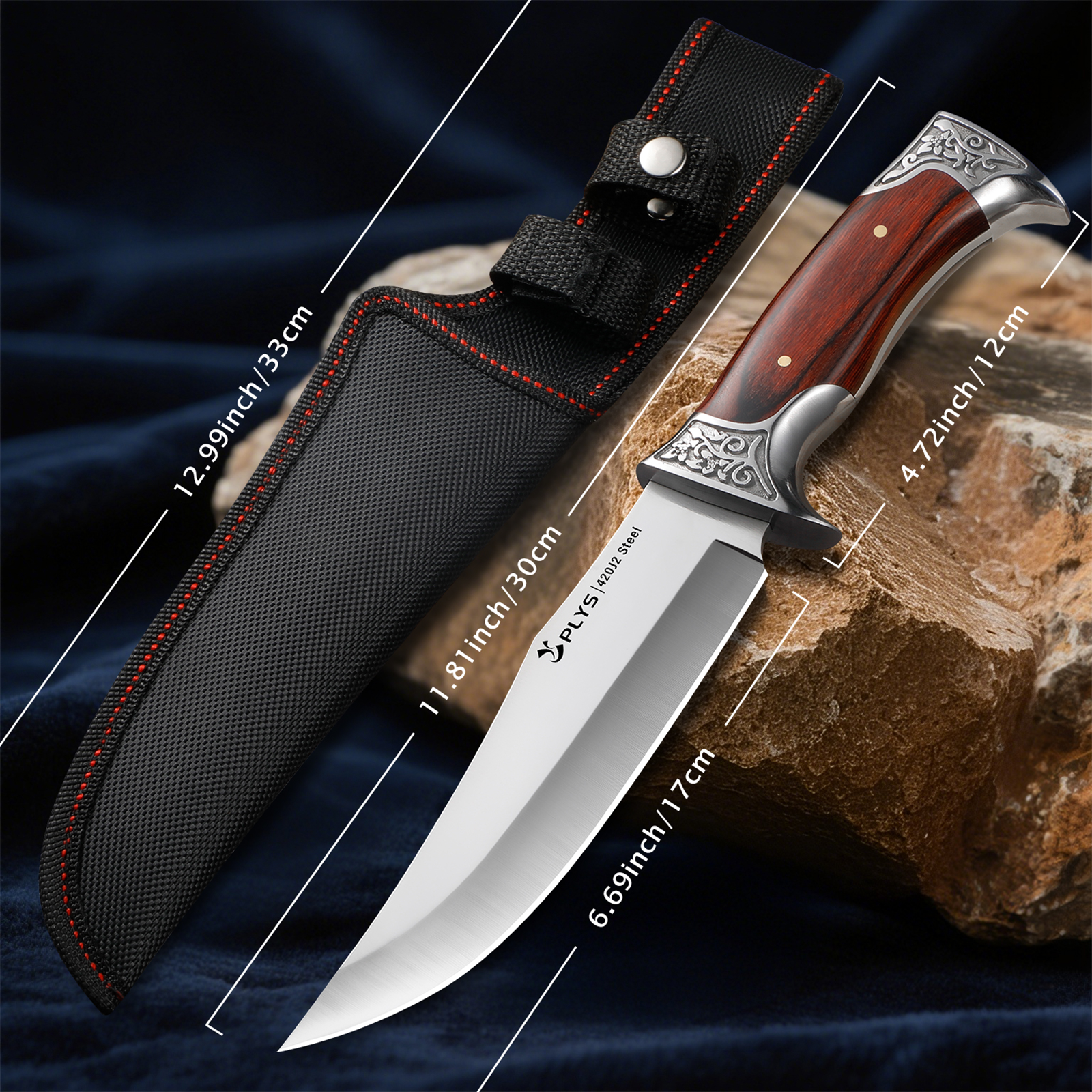 Plys Full Tang Camping Hunting Knife with Nylon Sheath, Fixed Blade Outdoor Knives, Stainless Steel Sharp Blade