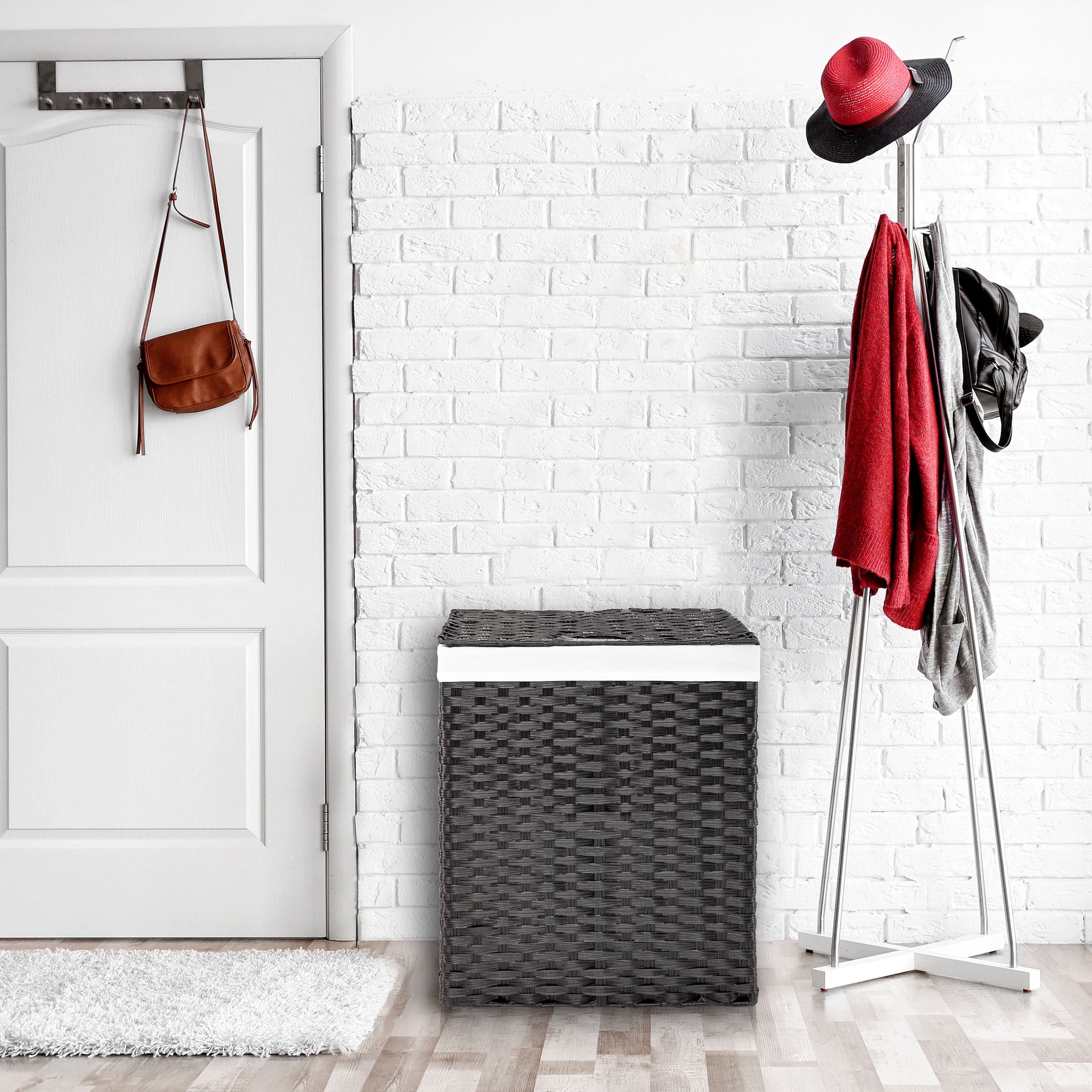 Seville Classics Premium Handwoven Portable Laundry Bin Basket with Carrying Handles, Household Storage for Clothes, Linens, Sheets, Toys, Black, Rectangular Hamper