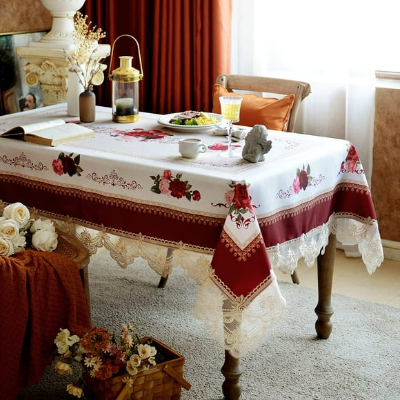 SUTAVIA Lace Embroidered Table Cloth,Rectangular Farmhouse TableCover,Classic Oblong Antique Flower Decor Macrame Tablecloth (Burgundy, Rectangle/Oblong,60 x 104 Inc