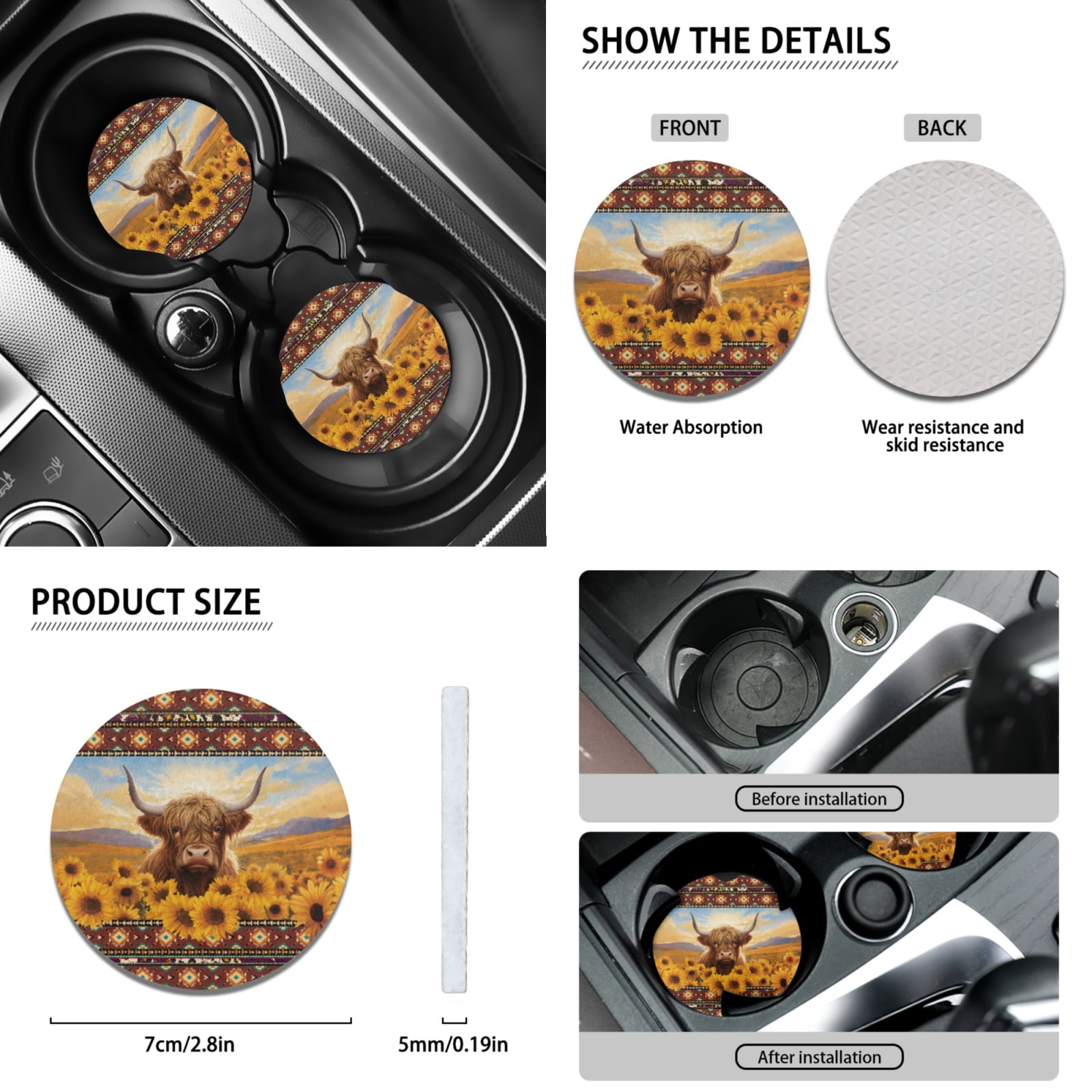 Renewold American Tribal Highland Cow Sunflower Car Seat Covers for Women with Steering Wheel Cover Seat Belt Pad Armrest Pad Handbrake Cover Gear Shift Cover Washable Cup Coaster Holder Seat Cover