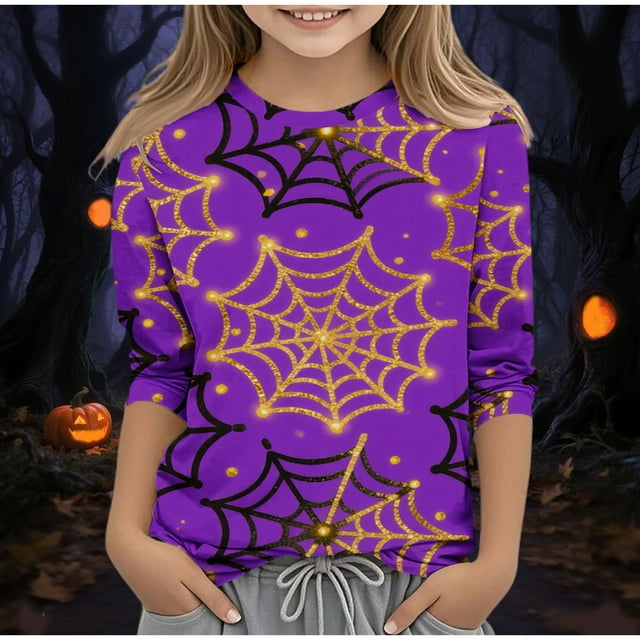 YUNAFFT T-Shirts en Jersey Imitation Coton à Manches 3/4 pour Filles et Garçons avec Imprimé d'Halloween et Encolure Ronde pour Enfants 3-14 Ans