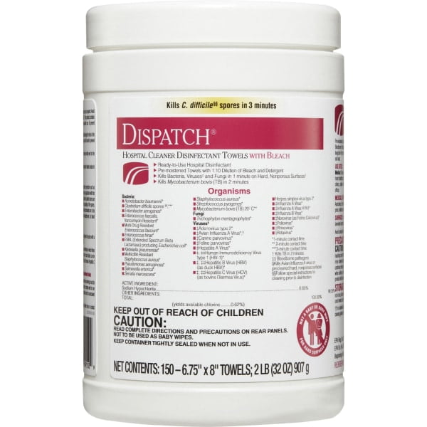 Dispatch Hospital Cleaner Disinfectant Towels with Bleach - Ready-To-Use Towel - 32 oz (2 lb)6.75' Width x 8' Length - 150 / Canister - 1 Each - White
