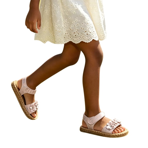 WAYUTE Girls' Sandals Casual Thick Sole Open Toe Hook and Loop Durable Summer Beach Shoes with Floral Design for Kids Children,Pink,10 Y-12 Y