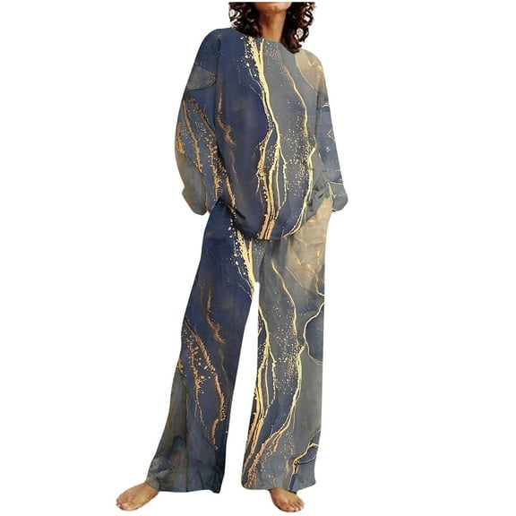 ShomPort Women's Lounge Set Gradient Color Two Piece Outfits Long Sleeve Tops and Wide Leg Pants Casual Pajama Set