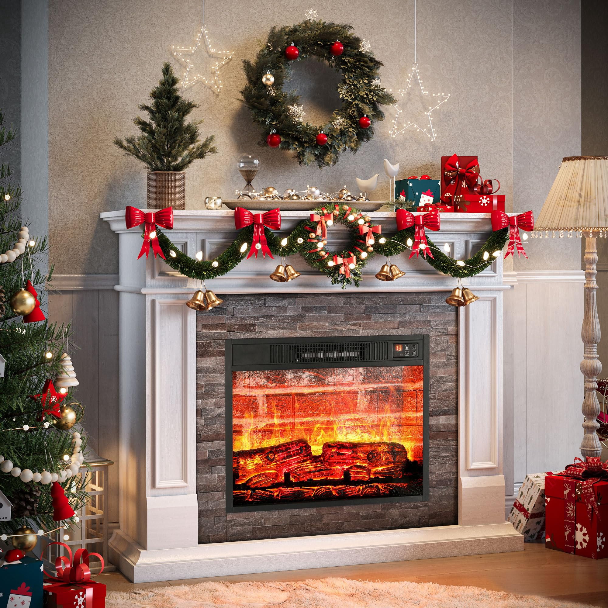Holliwill Electric Fireplace Mantel, 44" Freestanding Fireplace Heater with Stacked Stone Surround Firebox, 1400W, Red Brick Fireplace White Brown