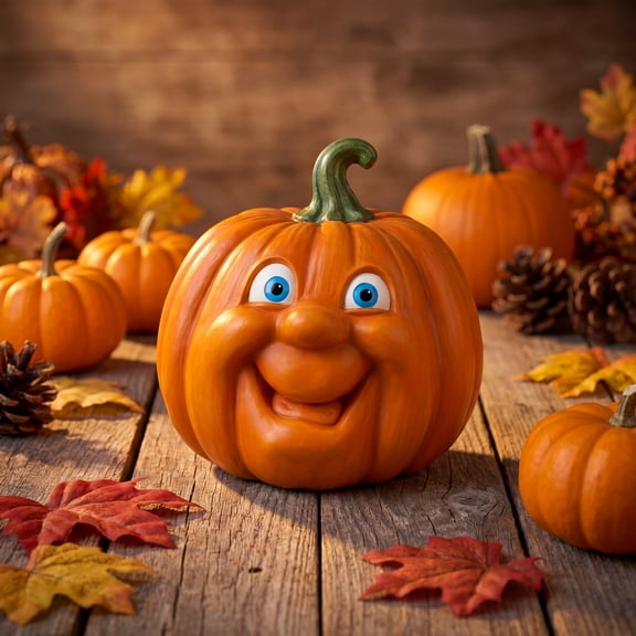 Funny Smiling Pumpkin Figurine, Whimsical Halloween Tabletop Decor for Home, Office and Festive Holiday Party Decoration (5.9-inch)