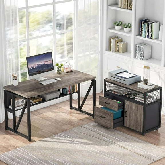 Tribesigns 55-inch L Shaped Desk with Rolling File Cabinet, Desk with Shelf (Gray and Black)