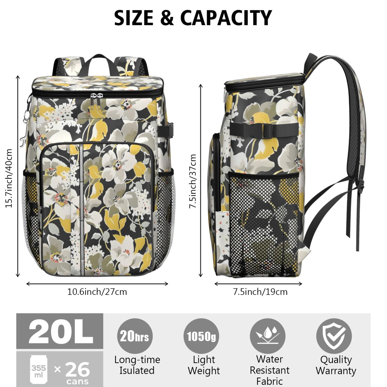 Travel Cooler Bag - Pioneer Flower Floral Print Pattern Camping Beer Cooler Backpack with Bottle Opener- Waterproof Insulated Picnic Backpacks - Cooler Bag for Beach
