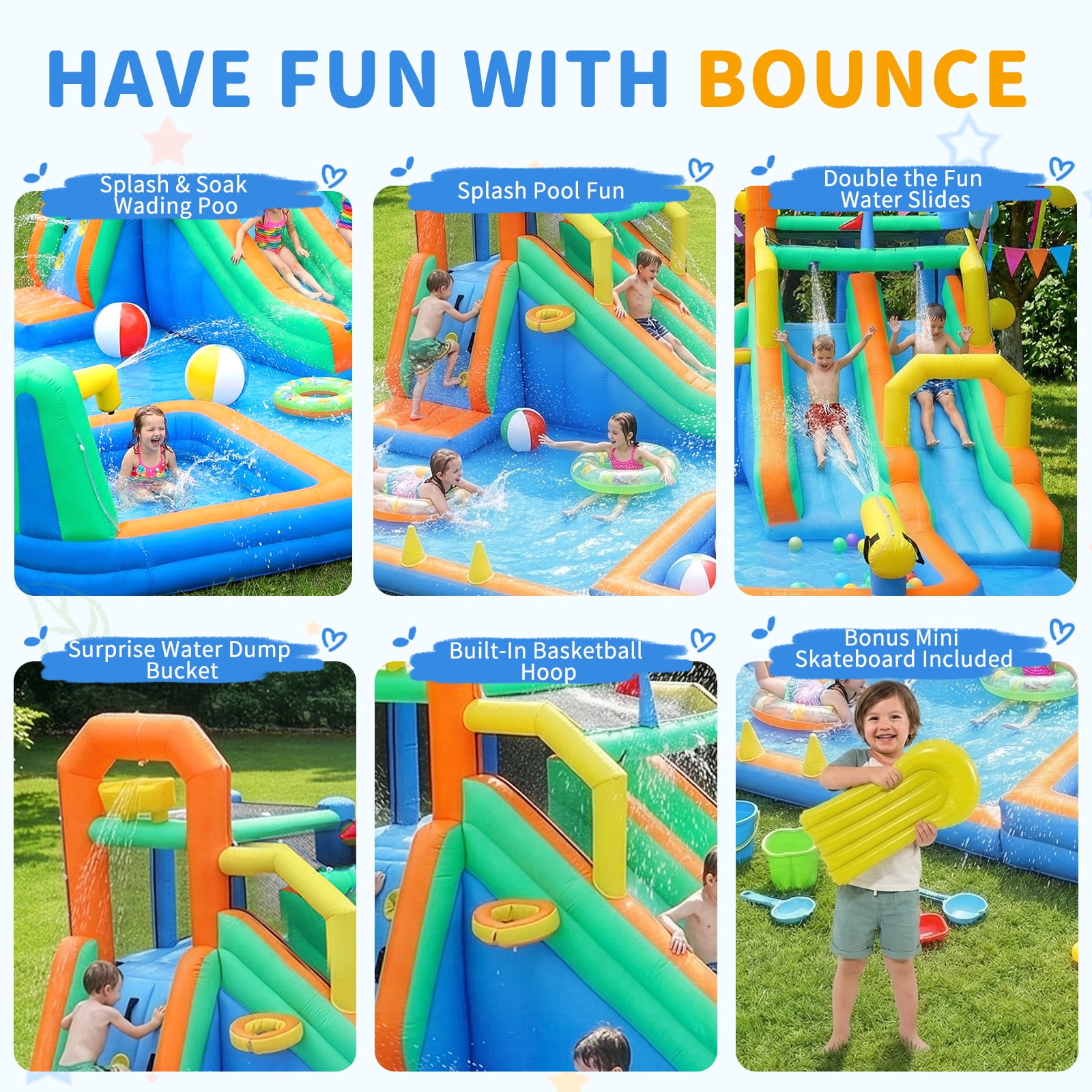 Ktaxon 8-in-1 Inflatable Water Slide Bounce House with Blower, 197" x 179" x 98", Dual Slides Water Park, Wading Pool & Water Dump Bucket for Kids Backyard