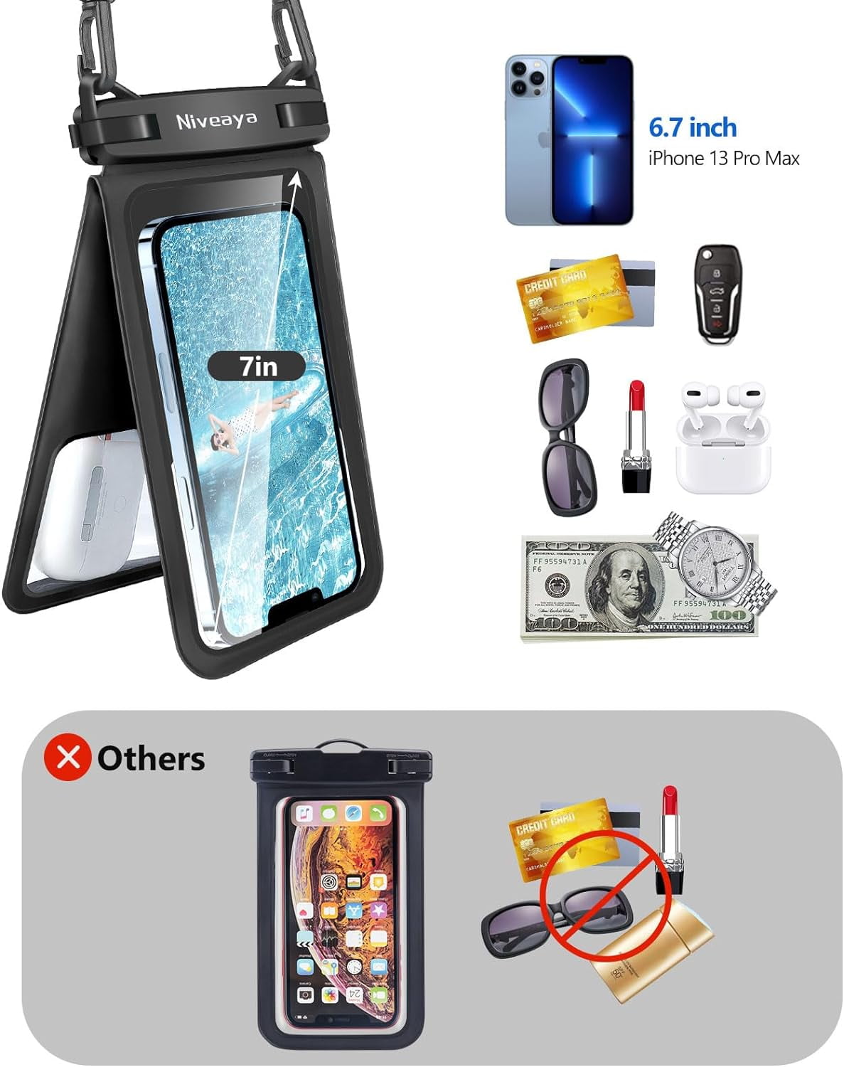 TJS [2 Pack] Up to 7" Double Space Waterproof Phone Pouch Bag with Lanyard, IPX8 Waterproof Cellphone Dry Bag Case for iPhone 15 Pro Max 14 Pro 13 12 Galaxy S23 Ultra S22 Series (Black+Black)