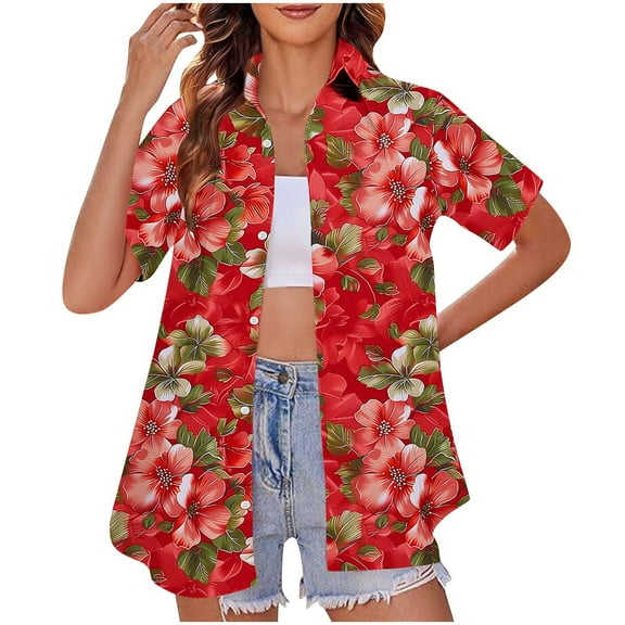QUNYINEY Short Sleeve Women's Button Down Shirts Collared Hawaiian Casual Tops Loose Summer Beach Women Tops