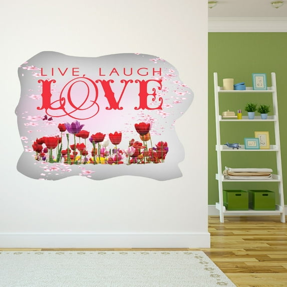 Watercolor Decal Live Laugh Love Living Room Wall Decal for Family Cherry Blossom Flower Garden Art Design Cute Themed Room Décor - Size: 40 In x 28 In