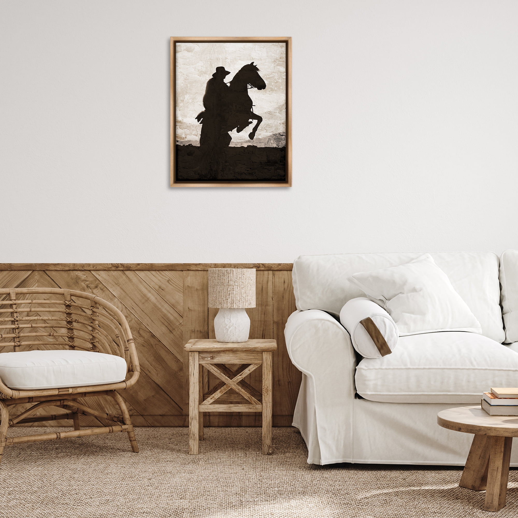 Stupell Industries Rearing Horse & Cowboy Animals Painting Brown Floater Framed Canvas Art Print Wall Art, 25 x 31