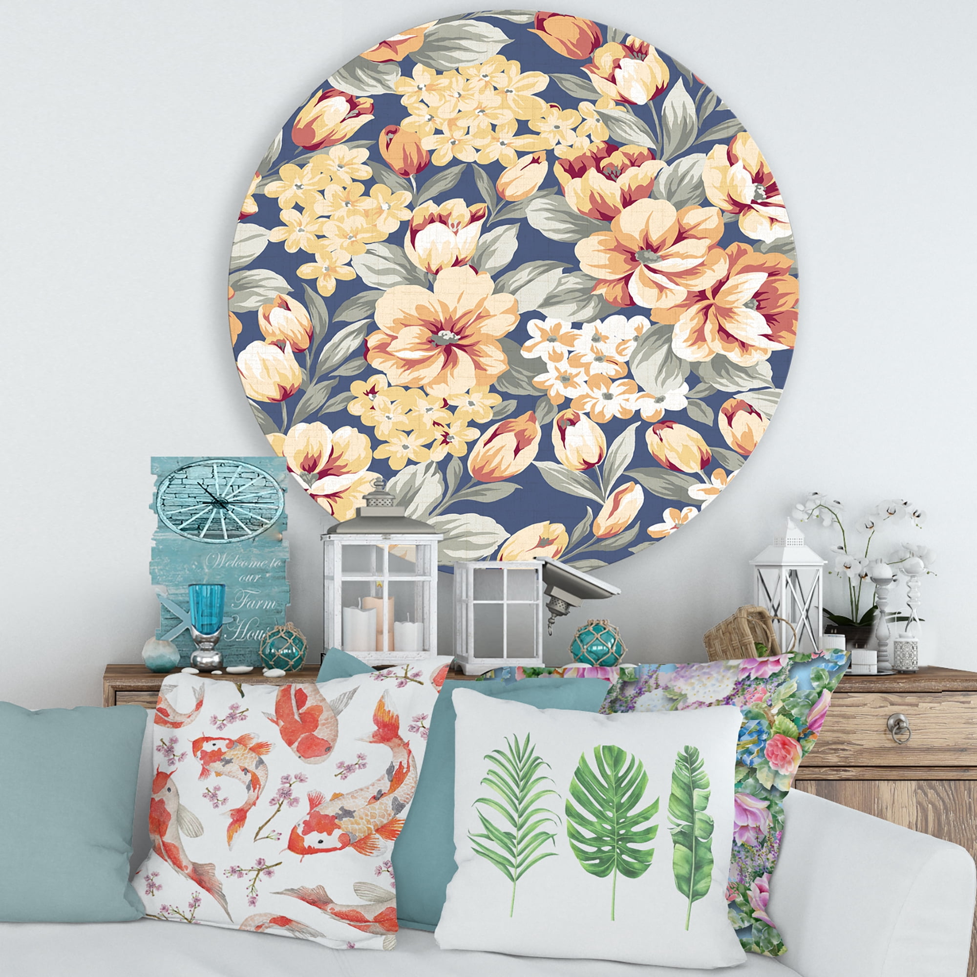 Designart 'Vintage Orange and Yellow Flowers' Traditional Circle Metal Wall Art 36x36 - Disc of 36