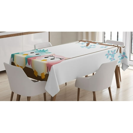 

Nursery Tablecloth Two Owls in Love on a Swing Blossoming Tree Branch Spring Romance Rectangular Table Cover for Dining Room Kitchen 52 X 70 Inches Pale Blue Pale Pink Brown by Ambesonne