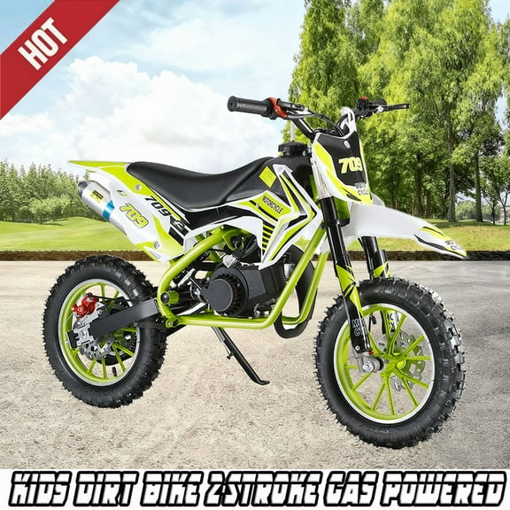49cc Kids Dirt Bike, 2-Stroke Gas Powered Mini Motocross Motorcycle for Ages 6-12, Off-Road Dirtbike with Dual Disc Brakes, Shock Absorption, 10-Inch Tires, Max Speed 40KM/H, Supports 220 LBS