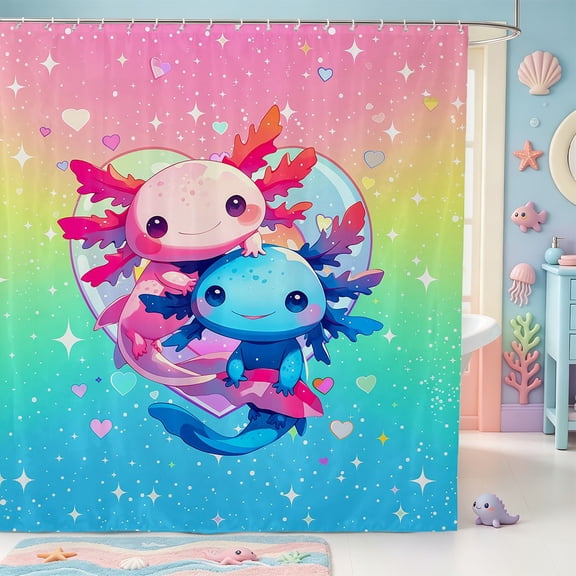 Manfei Cartoon Axolotl Print Shower Curtain 72Wx72L,3D Printed Amphibian Bathroom Curtain