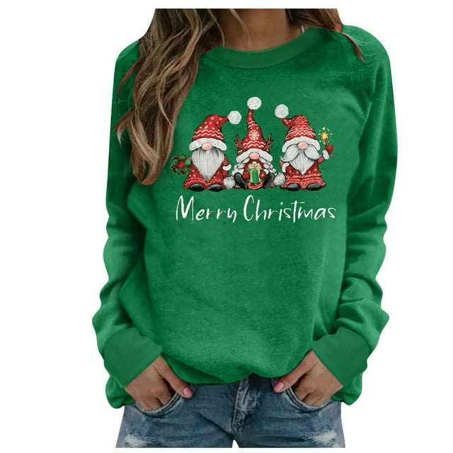 jsaierl Chandails en Molleton de Noël pour Femmes Manches Longues Gnomes Graphiques Haut Drôle Col Rond Chandail Graphique pour Femmes Mode 2024