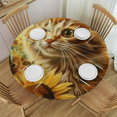 

BCIIG Cute Cat Sunflowers Butterfly Round Table Cover Stain Resistant Washable Perfect for Indoor Outdoor Kitchen Dining Wedding Parties Tablecloth 100% Polyester Fiber 54 -58