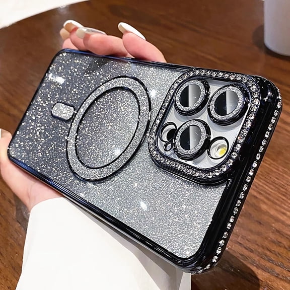 Magnetic Glitter Case for iPhone 16 Pro 6.3" [Compatible with MagSafe] Military-Grade Protection, Clear Cute Glitter Bling Cover Sparkle Diamond Camera Protector Cover for Women Girls, Black