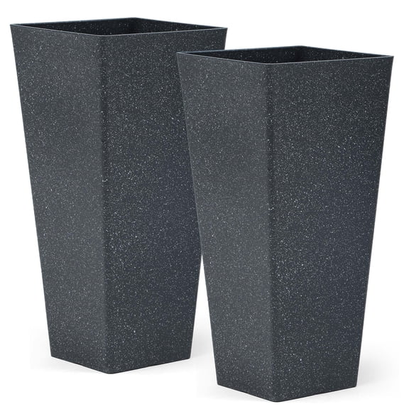 Ultym 28 inch Plastic Planters Set of 2, Black Terrazzo Finish, Tall Square Flower Pots for Indoor Outdoor Use
