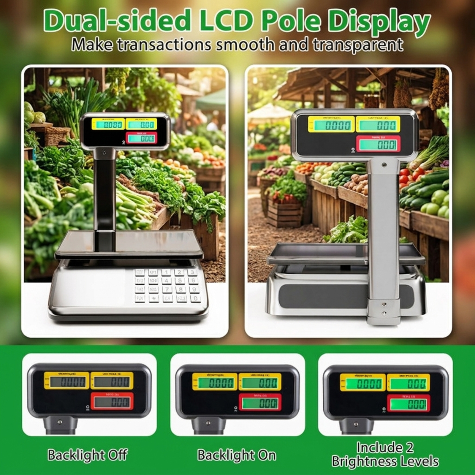 RUIE 88lb Price Computing Scale with Pole Dual LCD Display, Digital Commercial Food Scale with Counting Function and Rechargeable Battery for Deli Market Grocery Store, Silver