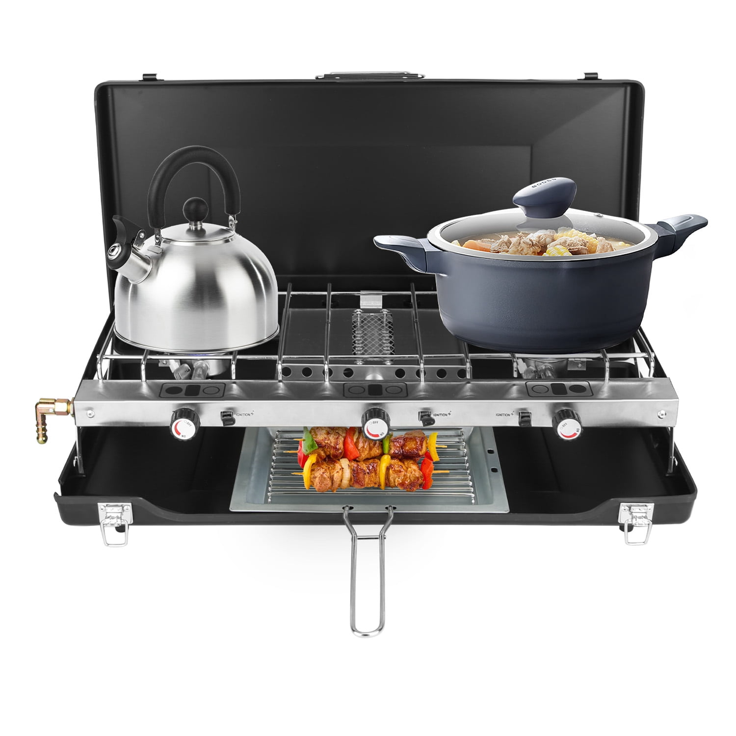 3-Burner Propane Camping Stove 20000 BTUs, Portable Camp Stove with 3 Adjustable Burners and Push-Button Instant Ignition, Portable Camping Grill, Built-in Carrying Handle