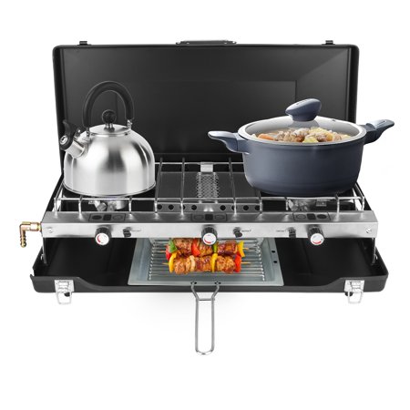 Portable Propane Camping Stove - 20000 BTU 3 Adjustable Burners with Push-Button Instant Ignition Built-in Carrying Handle Perfect for Outdoor Camping & Grilling