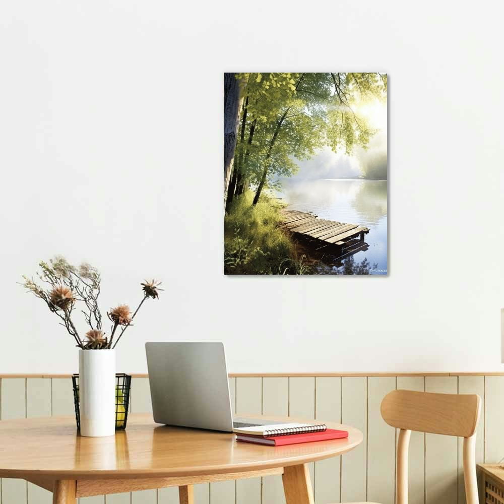 Creowell  Lake Landscape Wall Art Canvas: Modern Nature Sunrise Scene Picture Print Vertical Pier View Painting Artwork for Living Room Bedroom Decor 16x20 in/12x16 in