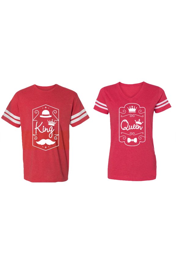 King Queen White Pentagon Matching Couple Cotton Jerseys (Men Red / Women Red) (Men XL / Women XL)