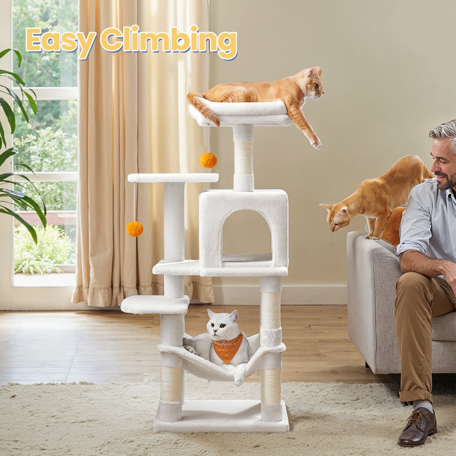 LEDREM 44.1-Inch Multi-Level Cat Tree with 4 Scratching Posts & Hammock - Cat Tower with 2 Perches & Cave for Indoor Cats, Cream White