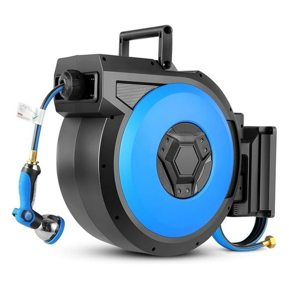 Retractable Garden Hose Reel 125ft   6.6ft, 1/2" Heavy Duty Wall Mount Hose Reel with 10-Function Nozzle, Auto Rewind & 180° Swivel for Yard & Garden Watering
