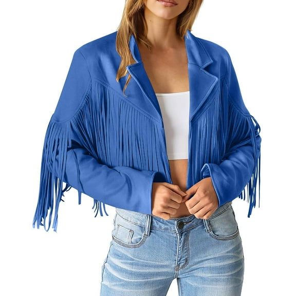 ZHOGXU Women'S Casual Jackets Long Sleeve Lapel Solid Color Open Front Fashion Tassels Motorcycle Cropped Coats Top For Daily Wear Blue L