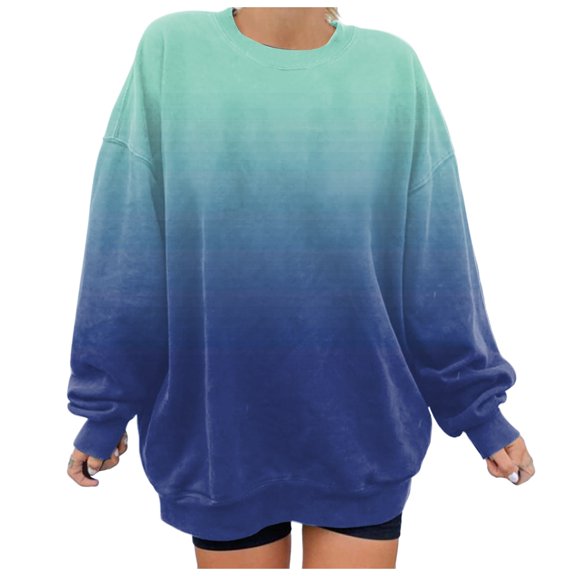 Shirts for Women Plus Size Winter Fall Loose Crew Neck Long Sleeve Puff Cold Shoulder Gradient Leisure Cotton Pullover Sweatshirts(Blue,S)