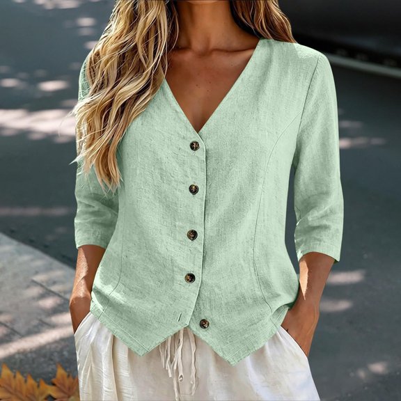 BOMYJESK Womens Tops Summer 3/4 Sleeve V Neck Button Down Blouses Dressy Casual Cotton Linen Tunic Top Loose Lightweight Daily Outfits Green S