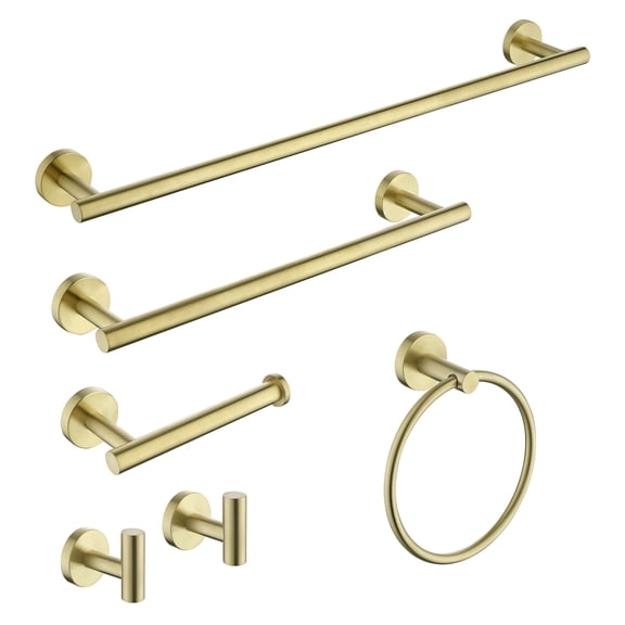JERFIT 6-Piece Brushed Gold Bathroom Hardware Set, Wall Mounted Towel Bar, Toilet Paper Holder & Robe Hooks, Rust-Resistant SUS304 Stainless Steel