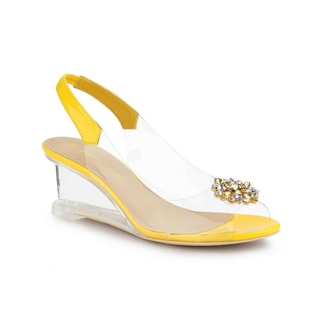 BLISSFUL STEP Chaussures pour Femmes Talons Compensés Transparents à Strass Bout Ouvert Slingback Chaussures Transparentes Jaune 7