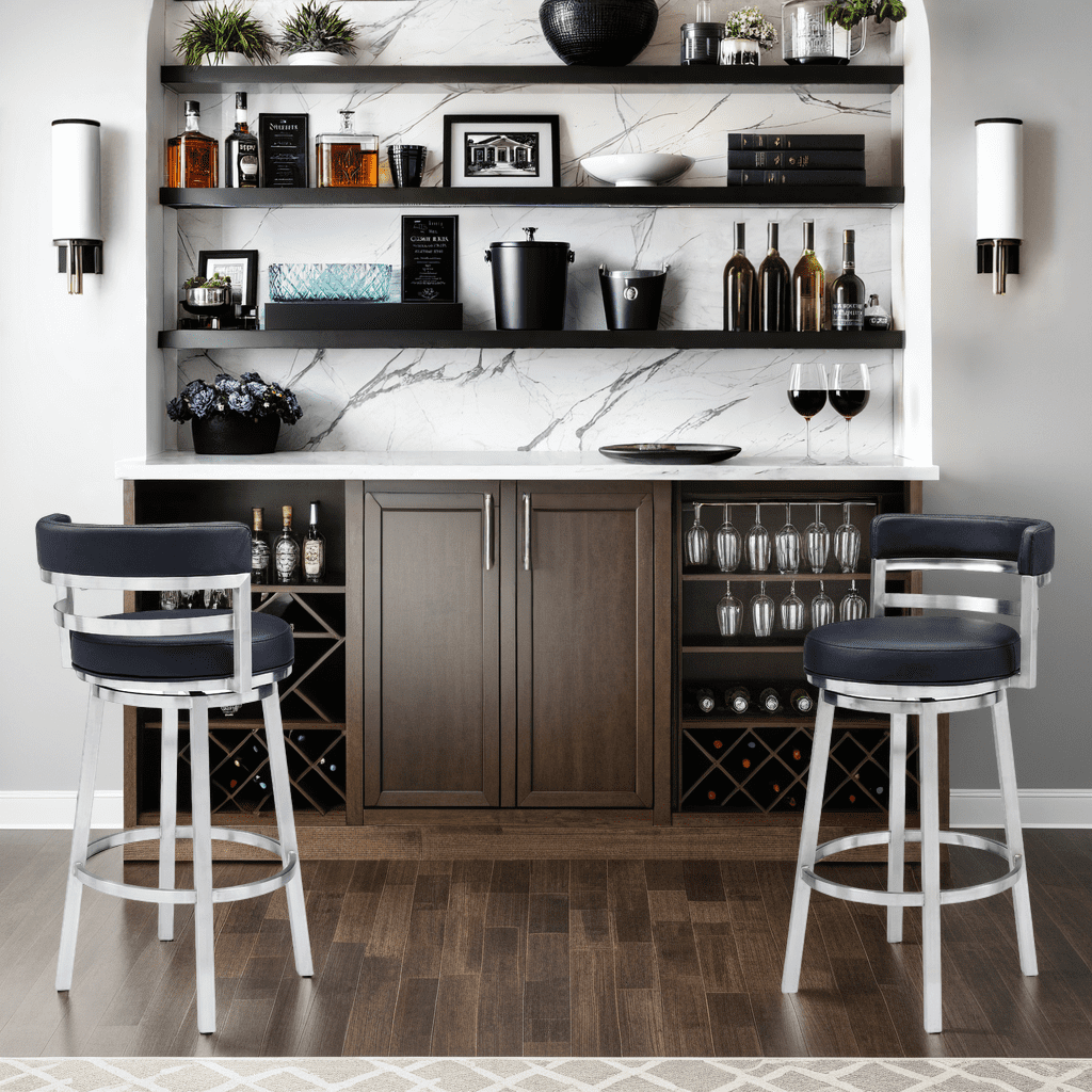 Madrid Bar Stool 30" Seat Height Swivel with Brushed Stainless Steel and Black Faux Leather