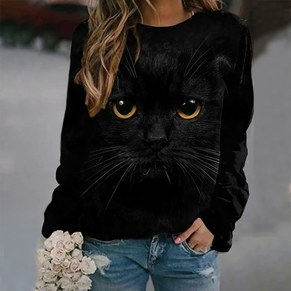 kayannuo Fall Clothes For Women Women's Fashion Casual Round Neck Cat Print Casual Long Sleeve T-Shirt Black