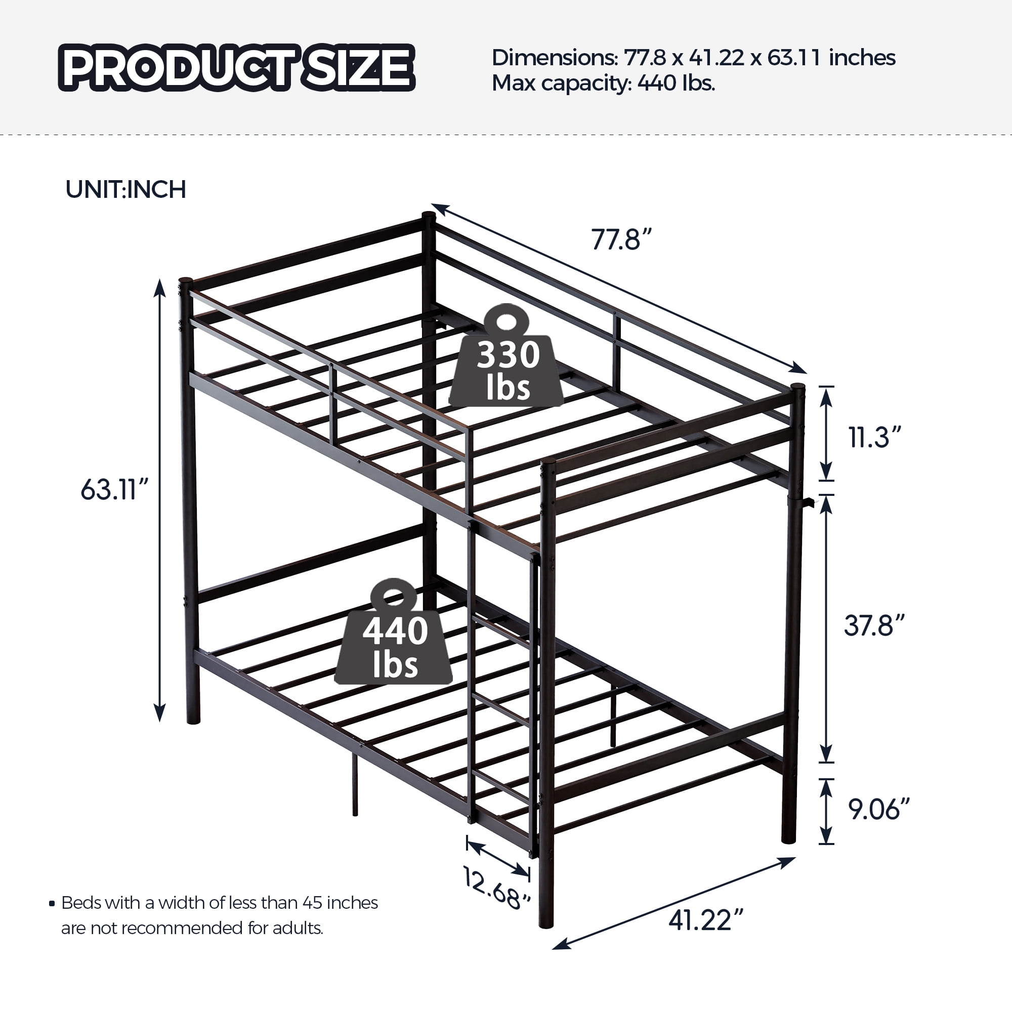 MAYEERTY Twin Over Twin Metal Bunk Bed with Ladder, Space-Saving Bed Frame for Kids Teens Adults, Supports 330 lbs Top & 440 lbs Bottom Bunk, No Box Spring Needed