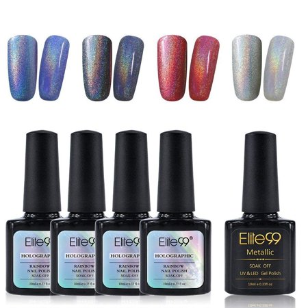 Elite99 5pcs Holographic Rainbow Gel Nail Polish Set With Soak Off