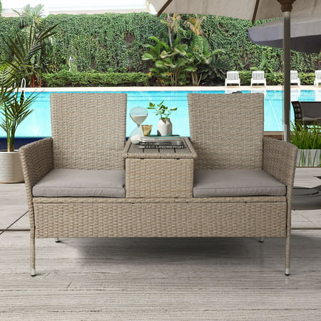 TKOOFN Rattan Outdoor Furniture Patio Conversation Set 2-Person Chat Set Wicker Sofas with Removable Cushions and Wood Coffee Table for Backyard, Poolside, Balcony - (Best Wood To Use For Outdoor Furniture)