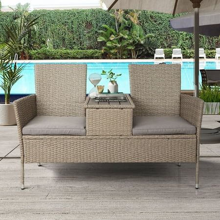 Larch Wood Outdoor Furniture TKOOFN Rattan Outdoor Furniture Patio Conversation Set 2-Person Chat Set Wicker Sofas with Removable Cushions and Wood Coffee Table for Backyard, Poolside, Balcony - Brown ()