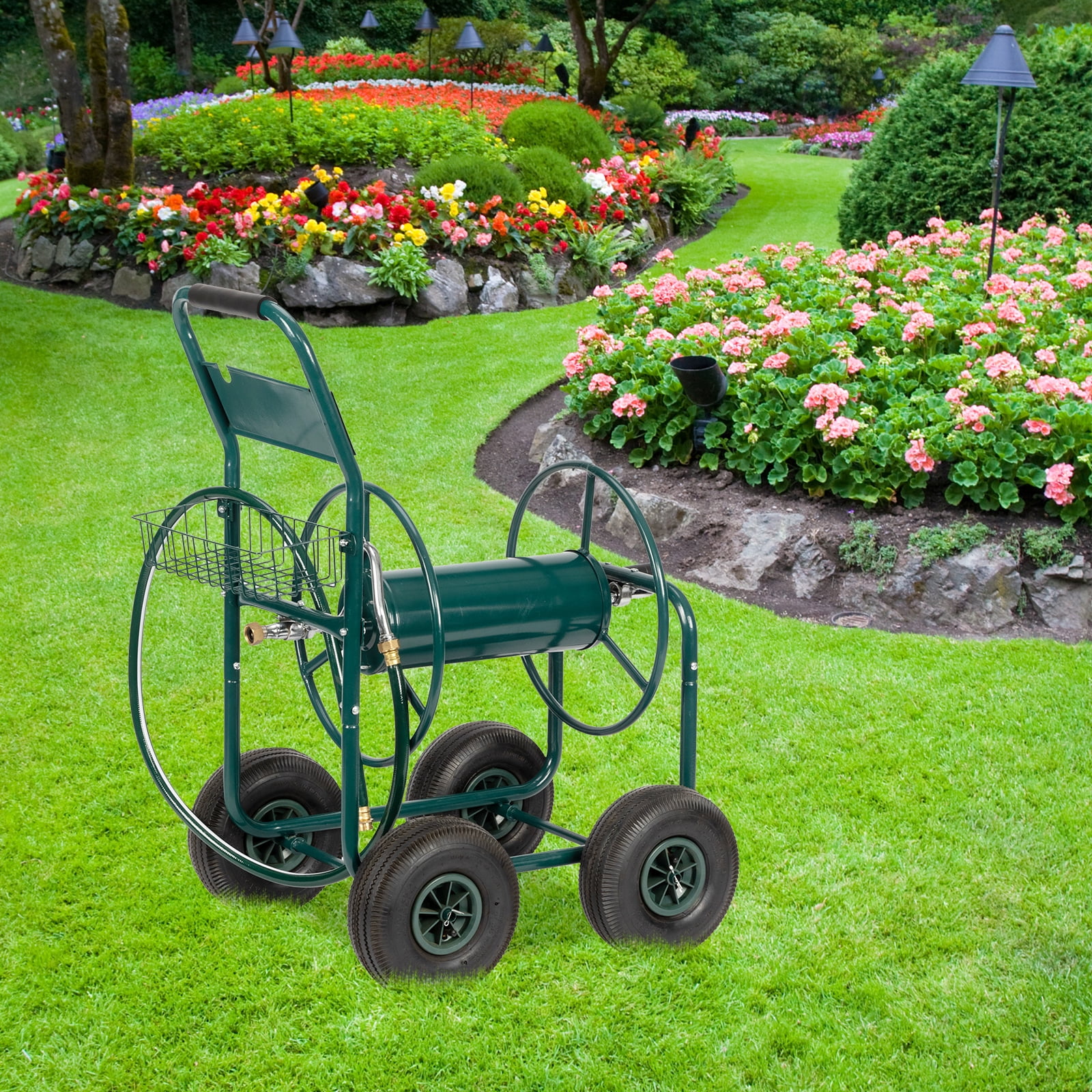 UBesGoo Heavy Duty Hose Reel Cart 229ft, Steel Frame 10" Wheels for Garden, Green