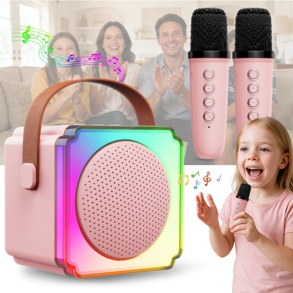 Mini Karaoke Machine for Kids, Portable Bluetooth Speaker with 2 Mics, Upgraded 1200mAh Wireless Kids Karaoke Birthday Gift for Girls Boys, Pink