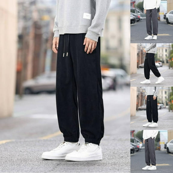 ZZwxWA Men's Pants Man Solid Color Corduroy Drawstring Pockets Binding Leg Trousers Linen Pants Men up to 45% Off