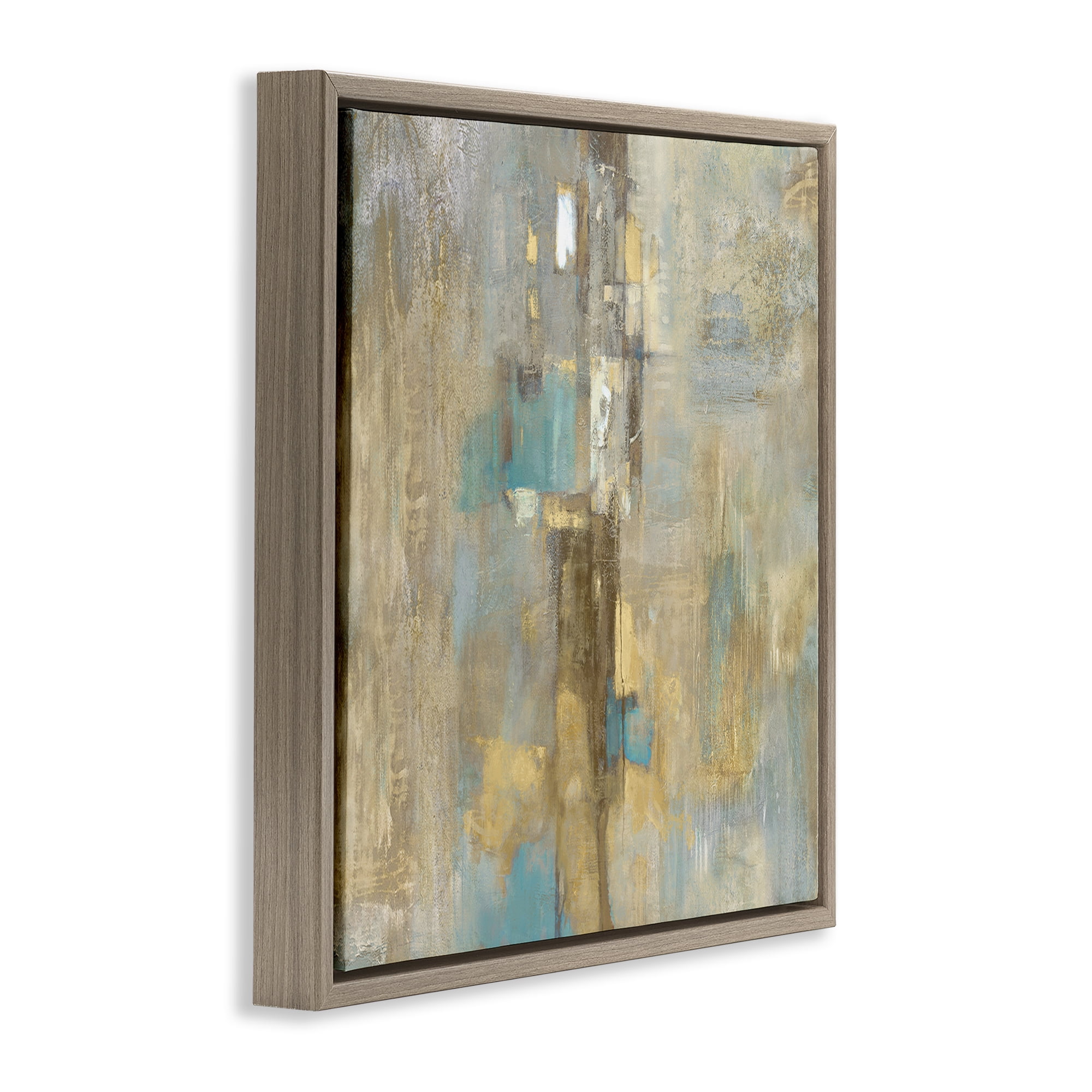 Stupell Industries Gold Abstract with Blue Abstract Painting Brown Floater Framed Canvas Art Print Wall Art, 18 x 18