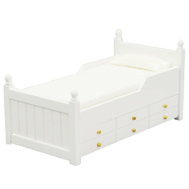 Mueble de casa de muñecas en miniatura, cama blanca de madera con almacenamiento