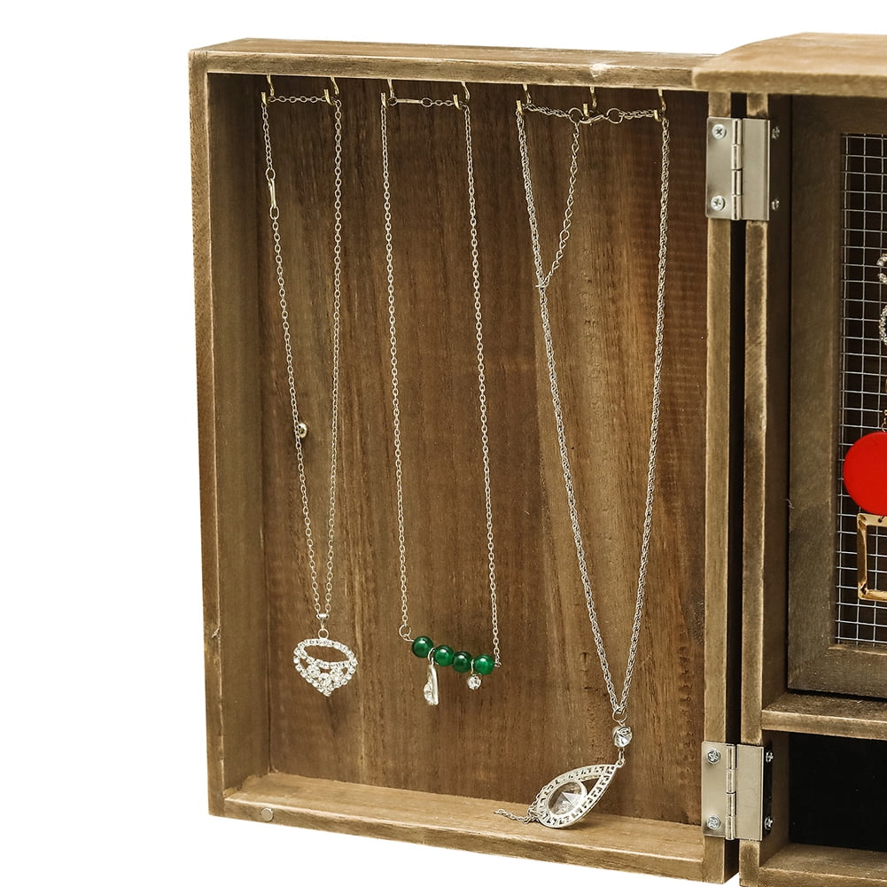 Private Jungle Wooden Jewelry Box With High-Grade Wall Barn Door Decoration, Jewelry Seat For Necklaces, Earrings, Bracelets, Rings - Brown
